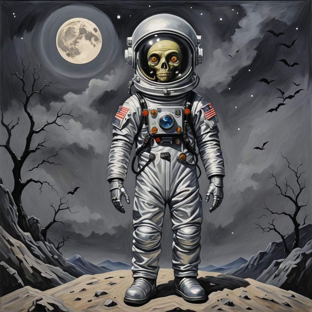 Mummy Astronaut with Silver Eyes in Folk Art Style