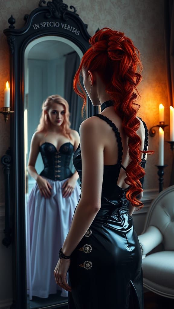Crimson and Pastel Goth Woman in Victorian Mirror