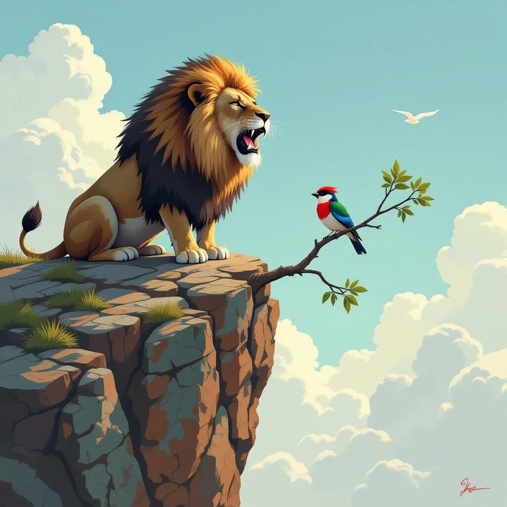 Lion Roaring Atop Cliff as Digital Art