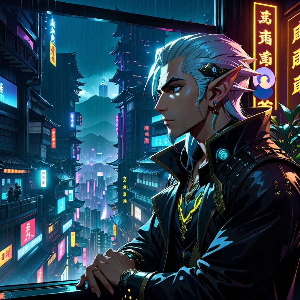 Cyberpunk Elf Mage Observes Rainy Night City