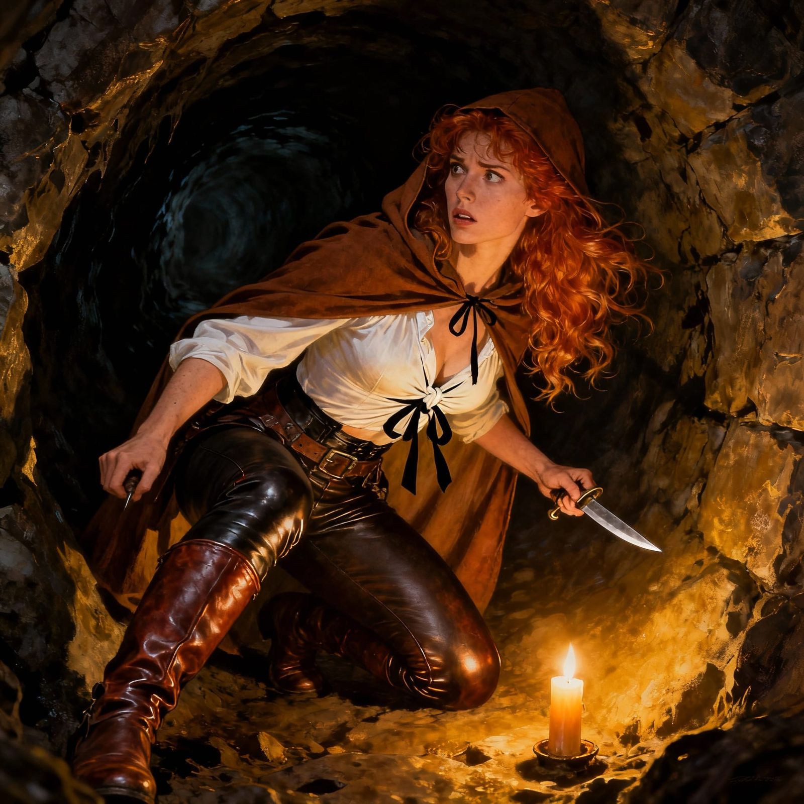 Female Rogue Sneaking Through Sinister Tunnel by Candlelight