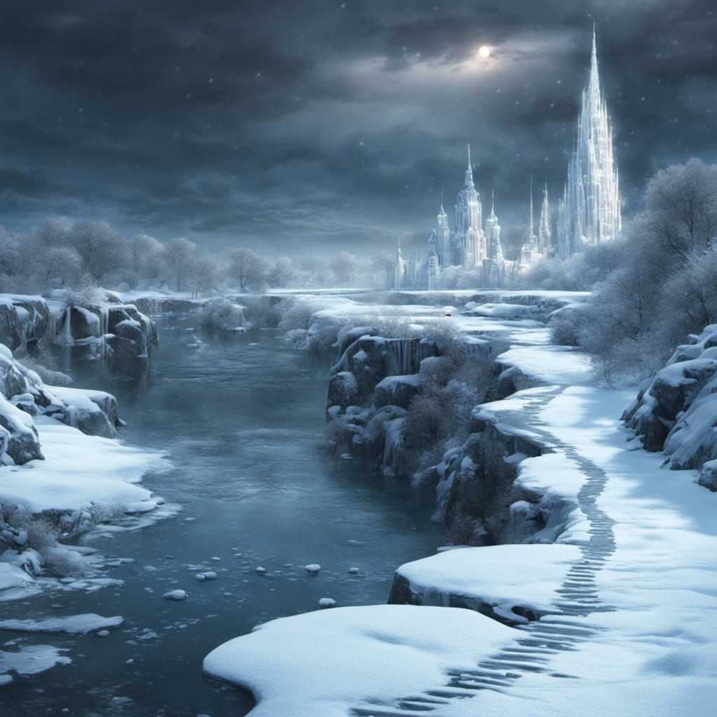 Frozen River Landscape with Tower of Chimes