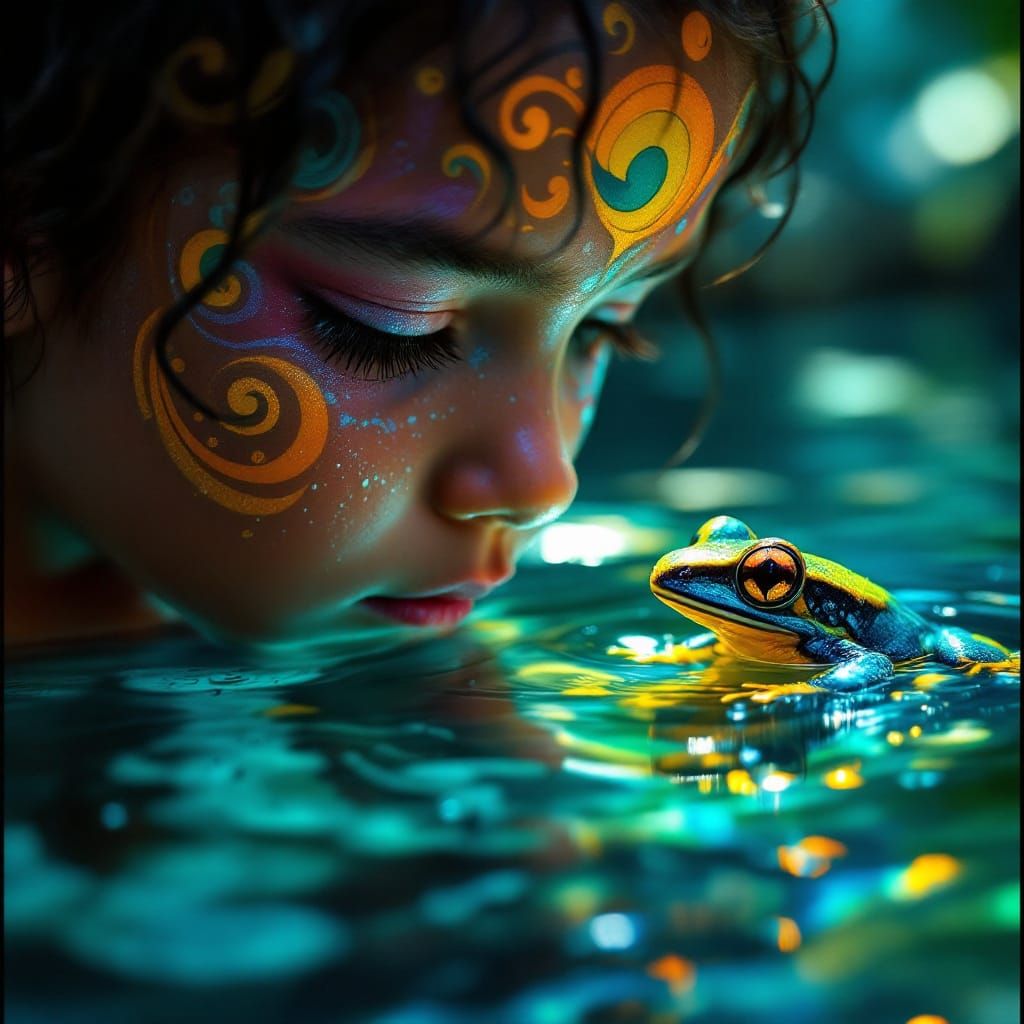 Child and Iridescent Frog in Photorealistic Digital Art