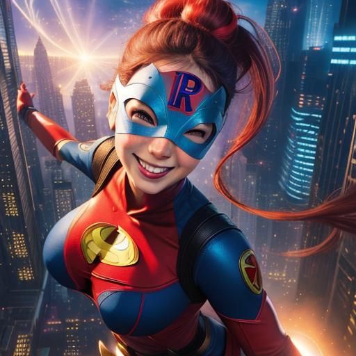 Female Superhero Flies Over Metropolis in Comic Book Art
