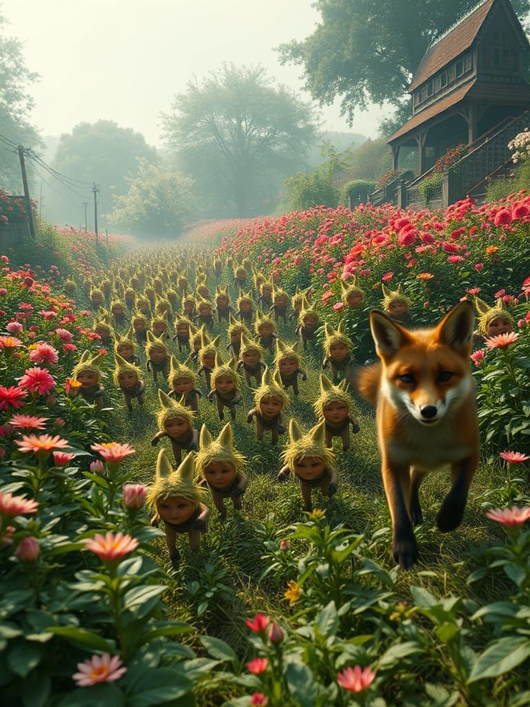 Fox Chases Goblins Through Flower Garden