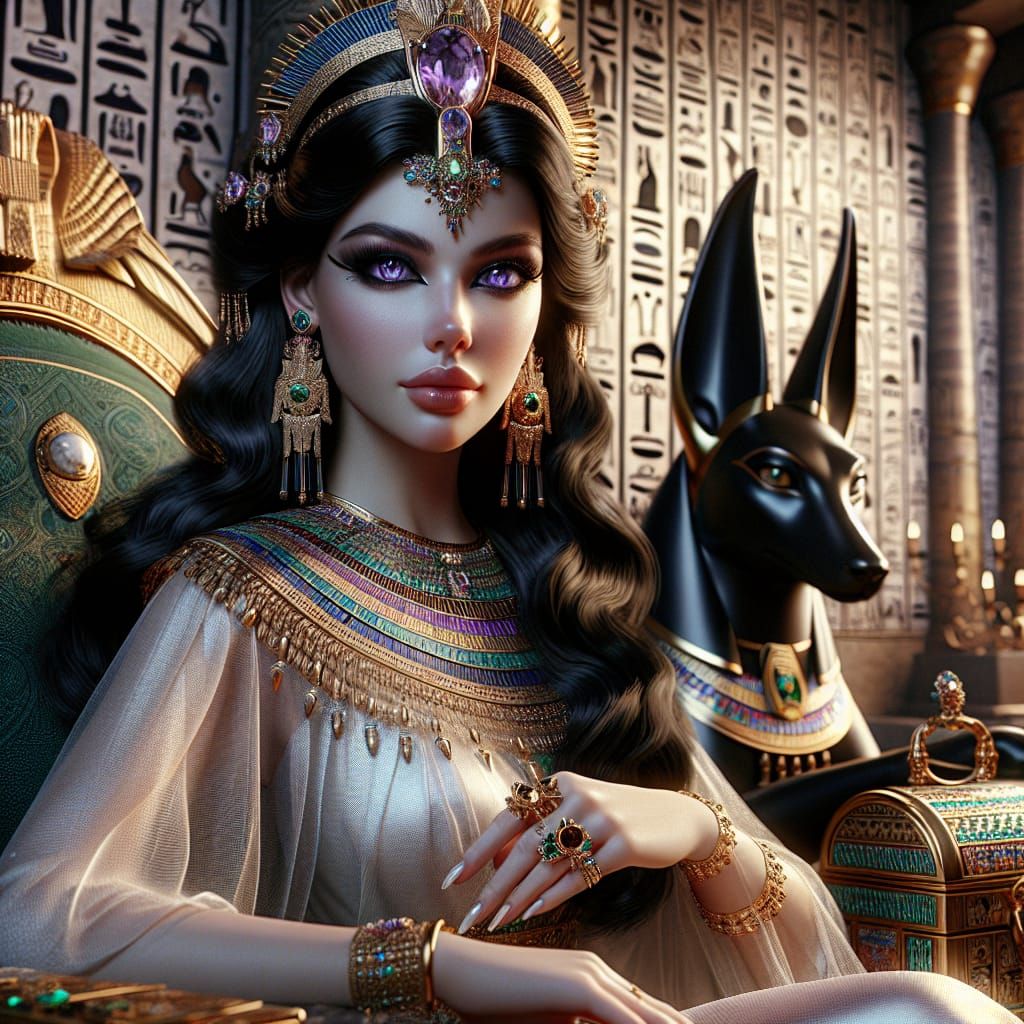 Cleopatra on Her Throne with Anubis Statue