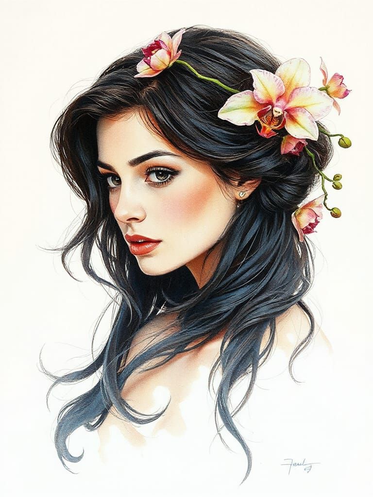 Ethereal Watercolor Portrait of a Young Woman with Exotic Or...