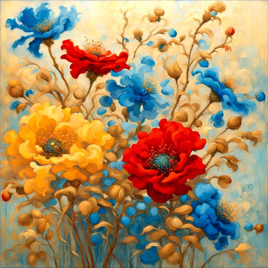 Ethereal Blooms in Red and Blue, Detailed Surreal Art