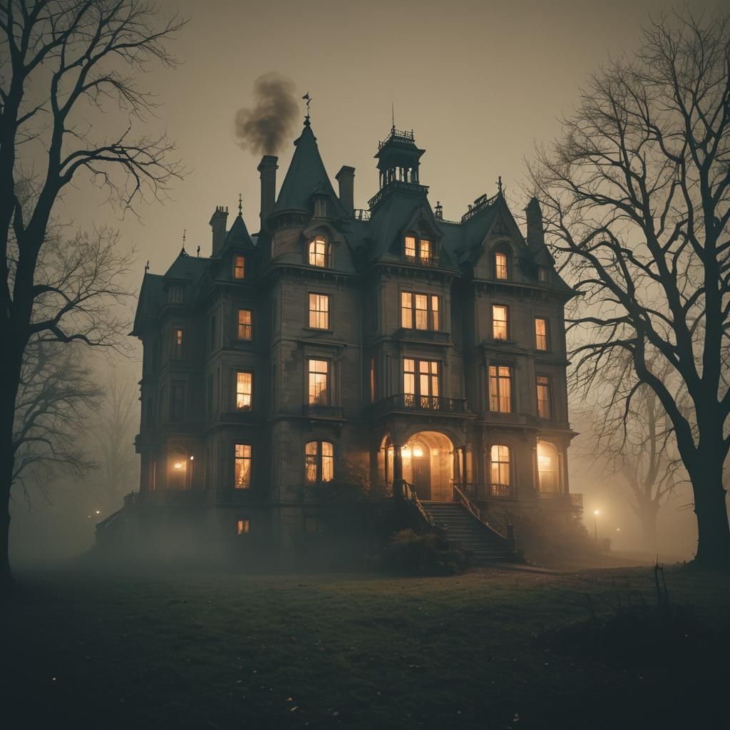 Eerie Mansion in Fog, Cinematic Film Still