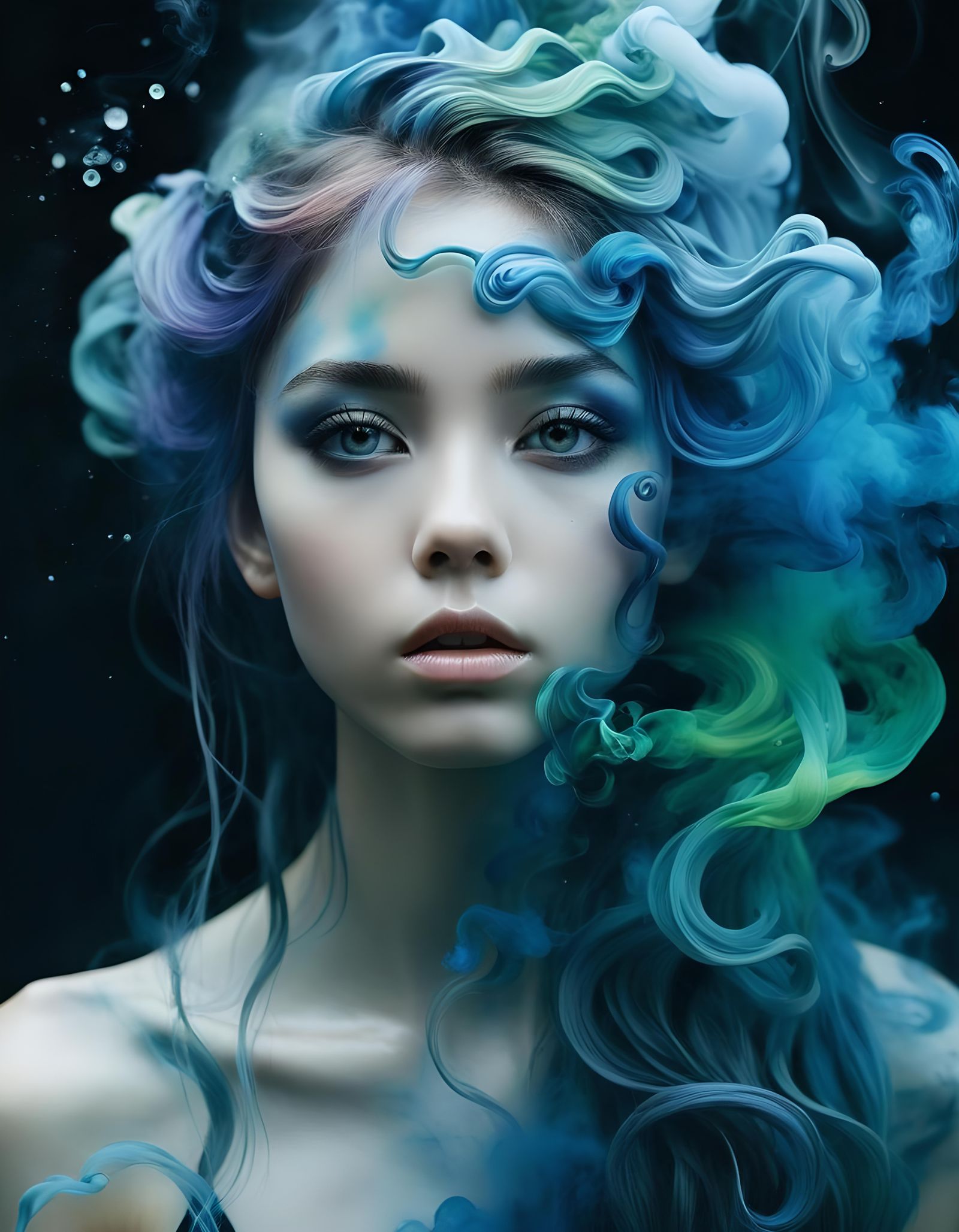 Water Pixie in Smoke and Watercolor Style