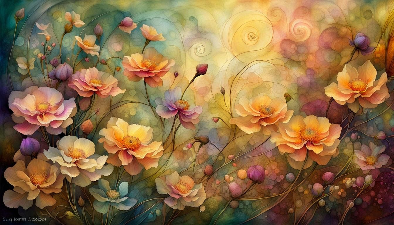 Botanical Art: Blooming Flowers in Golden Light