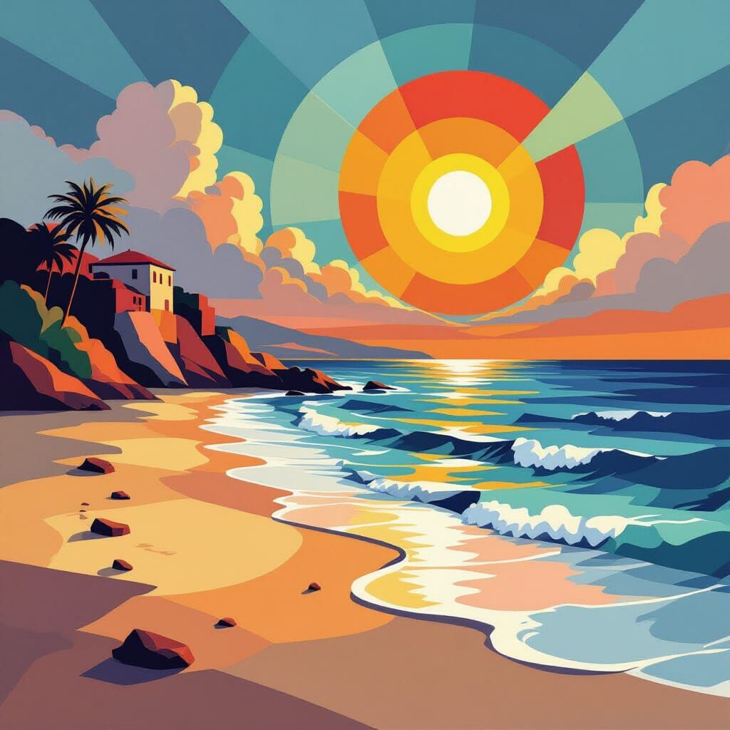 Geometric Dawn Beach Scene in Cubist Art Deco Style
