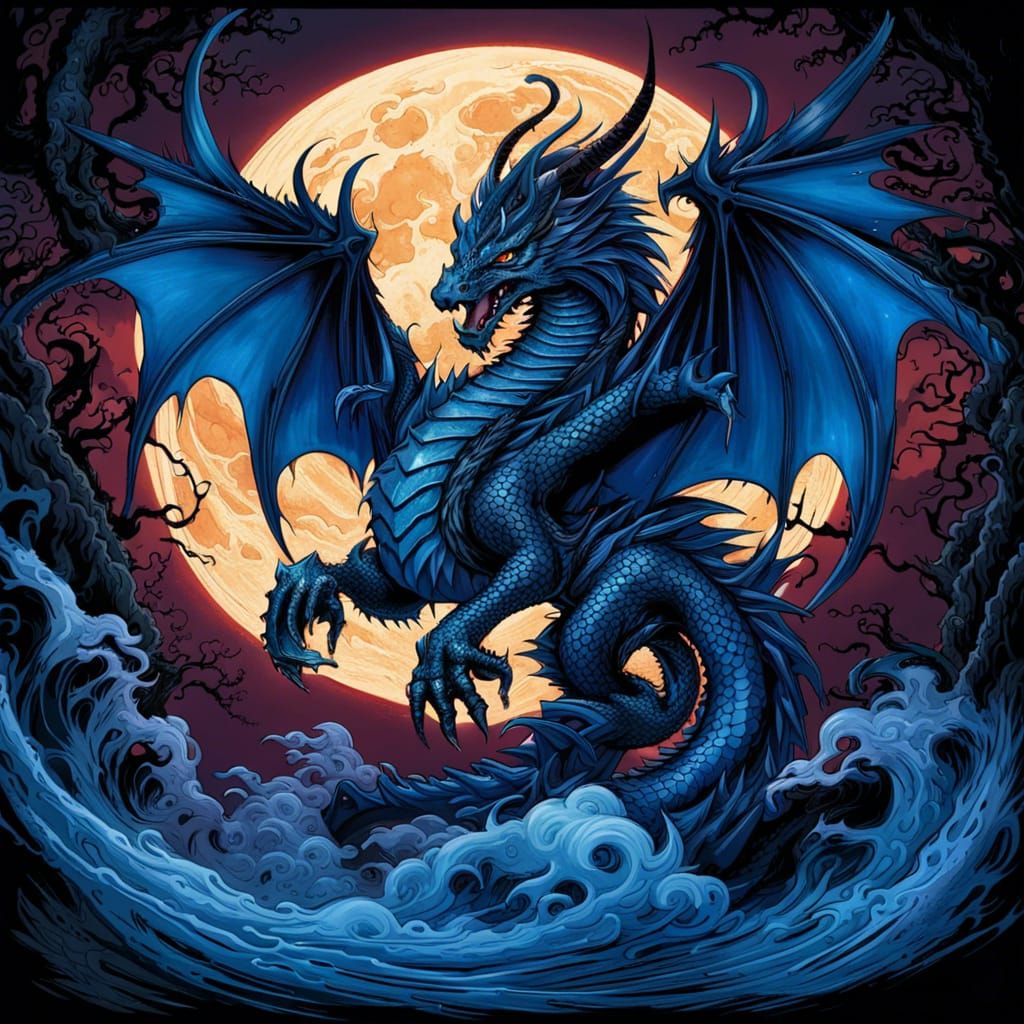 Fiery Japanese Dragon Under the Moon