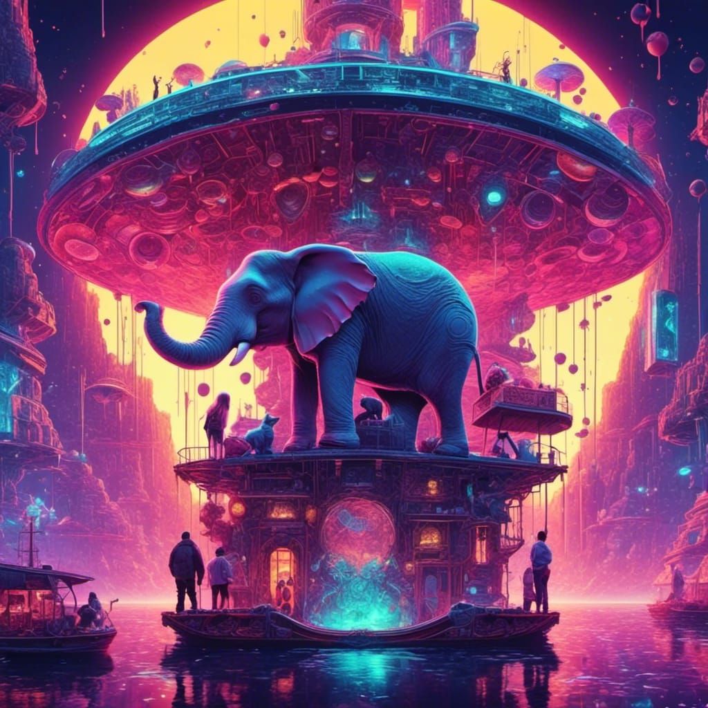 Tower of Babel with Cyberpunk Girls and Elephant