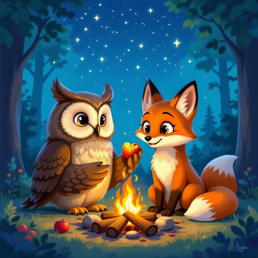 Wise Owl and Fox Share Campfire Meal Under Stars