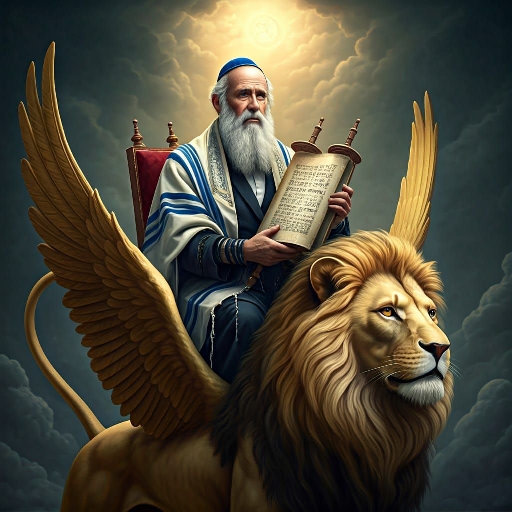 Rebbe on Golden Lion with Torah Scroll