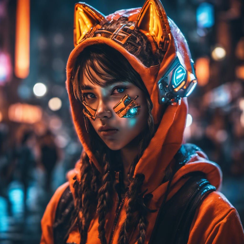Yordle Cyborg Girl Portrait in Neon City
