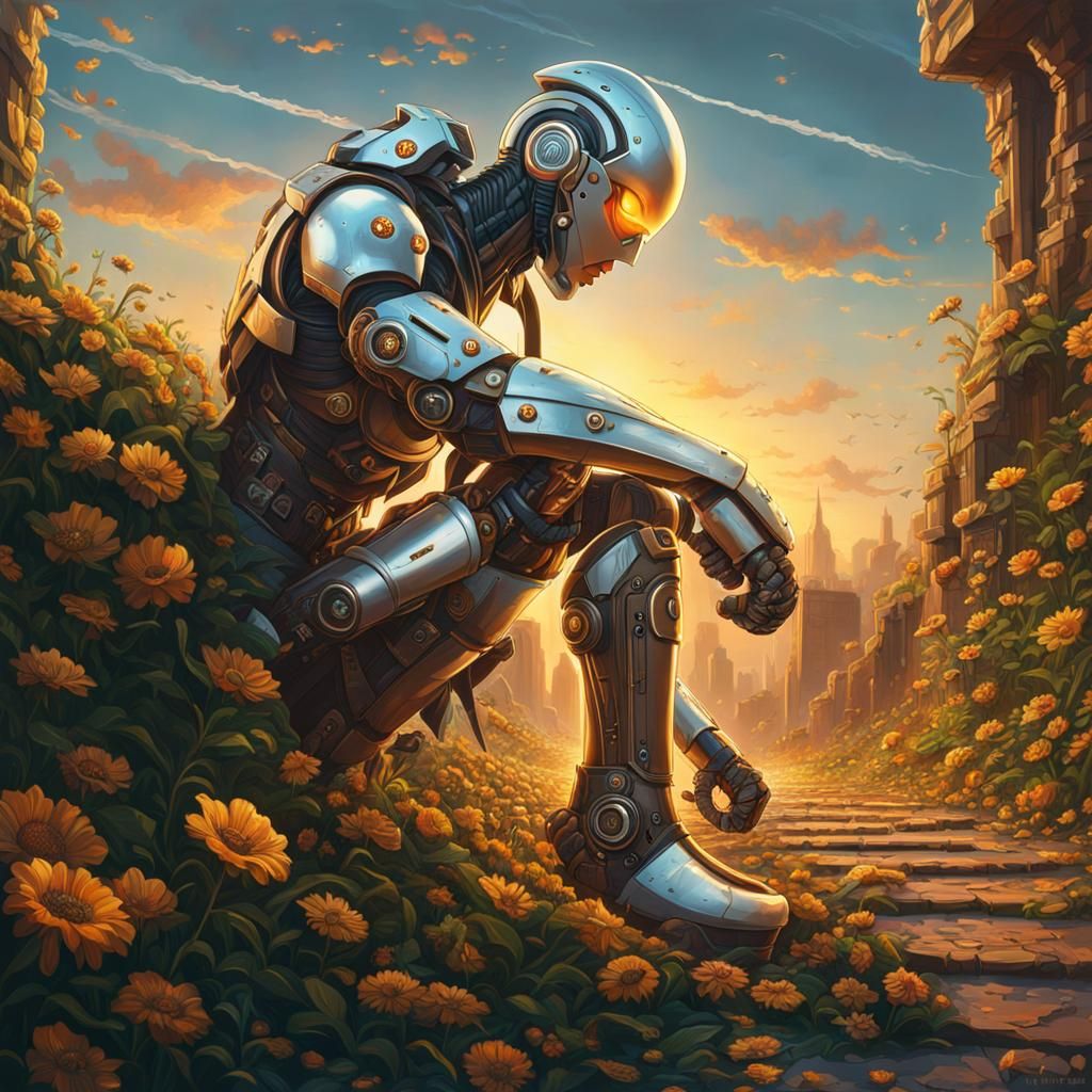 Cyborg About to Destroy Flower in Post-Apocalyptic Scene