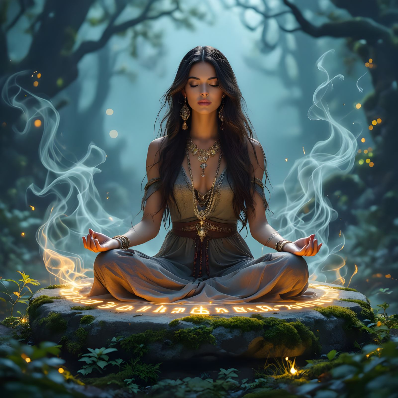 Serene Woman Meditating on Ancient Altar in Ethereal Forest