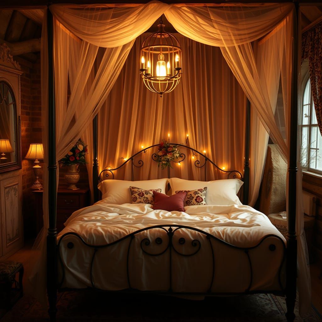 Vintage Wedding Bed Scene for a Romantic Night