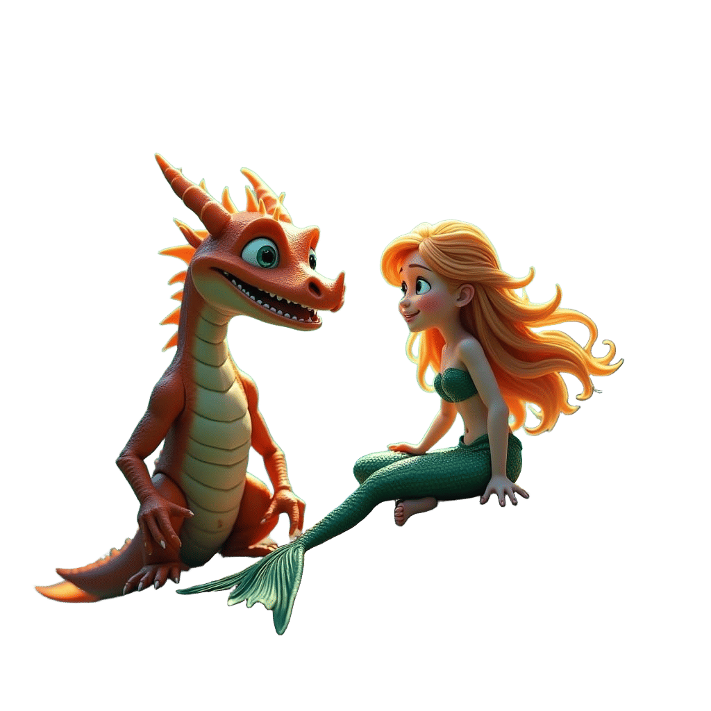 Dragon-Human Face Smiles at Mermaid: 3D Digital Art