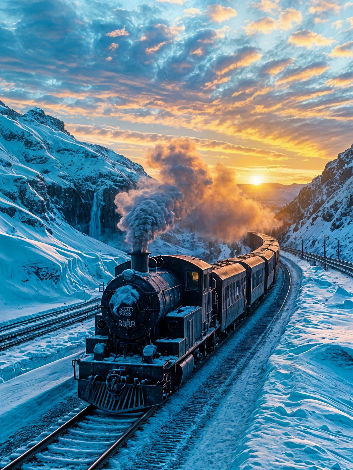 Winter Landscape Train Chugging Through Snowy Mountains