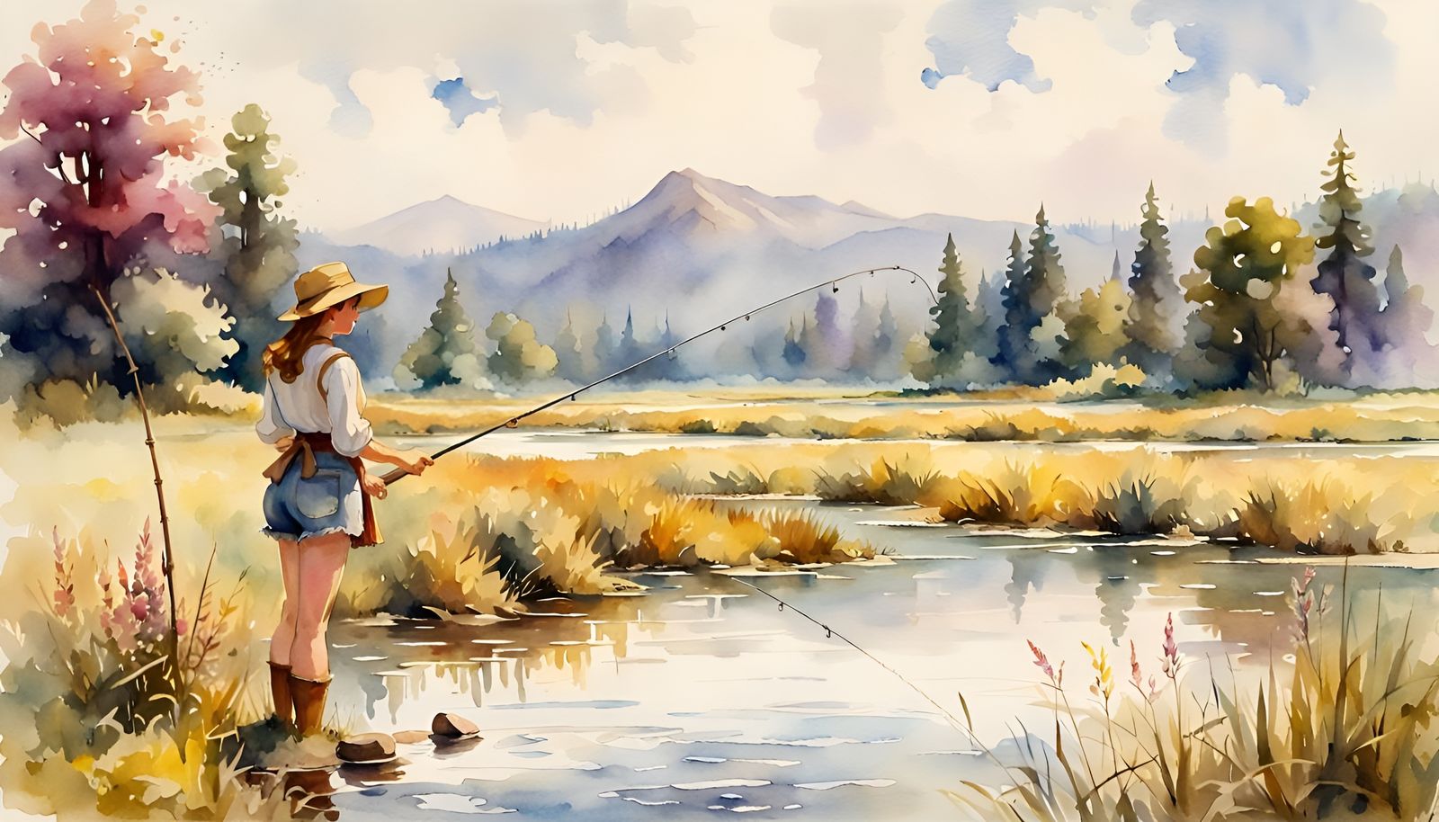 Girl Fishing in Meadow, Loose Watercolor Style