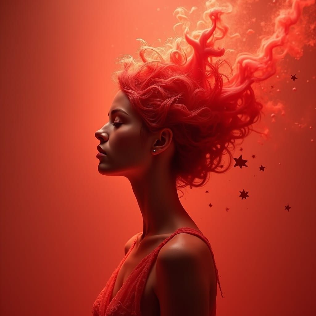 Ethereal Red Woman with Melting Stars Portrait