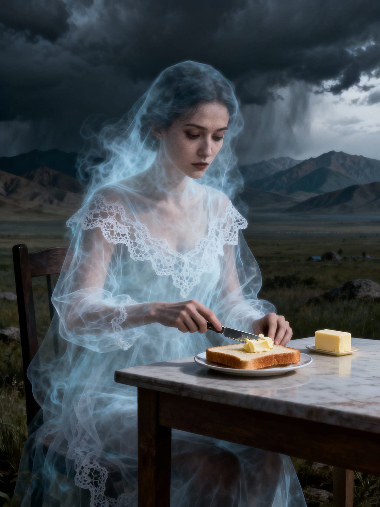 Ghost Smearing Butter on Toast in Surreal Landscape