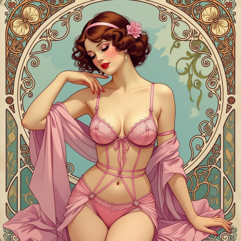 Elegant Woman in Pink Lingerie, Art Nouveau Style