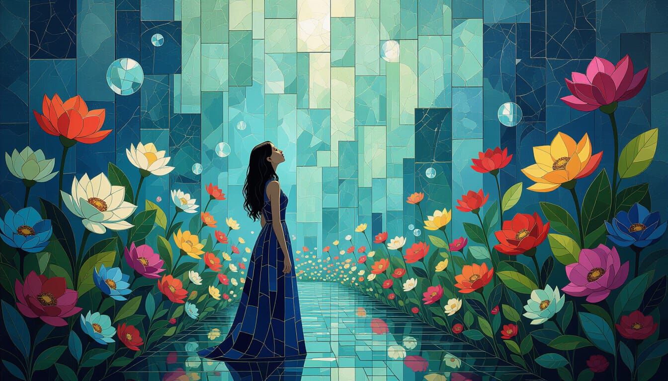 Surreal Stained Glass Garden with Mythical Creatures