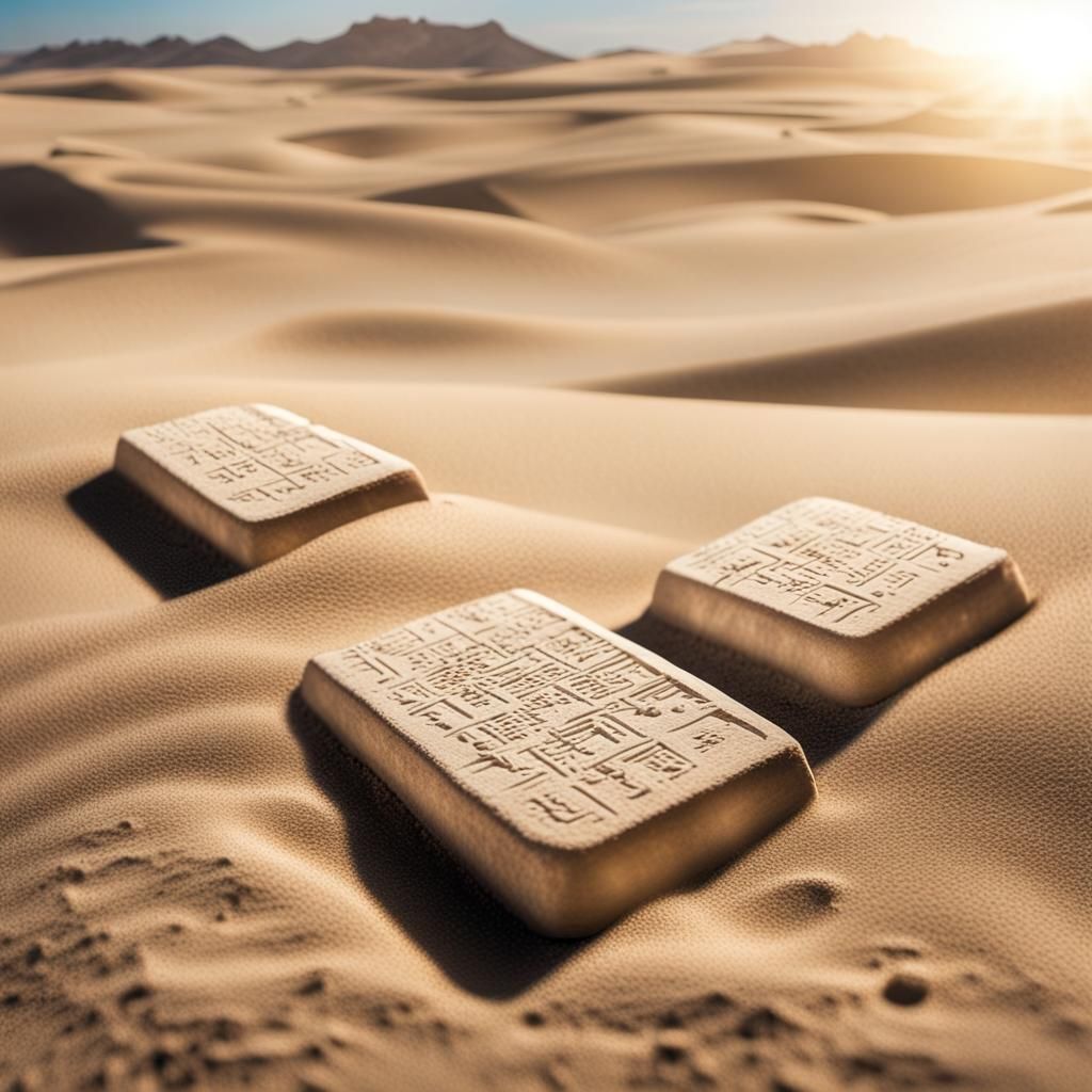 Three cuneiform tablets half buried in desert sand, bright white sunlight shining.