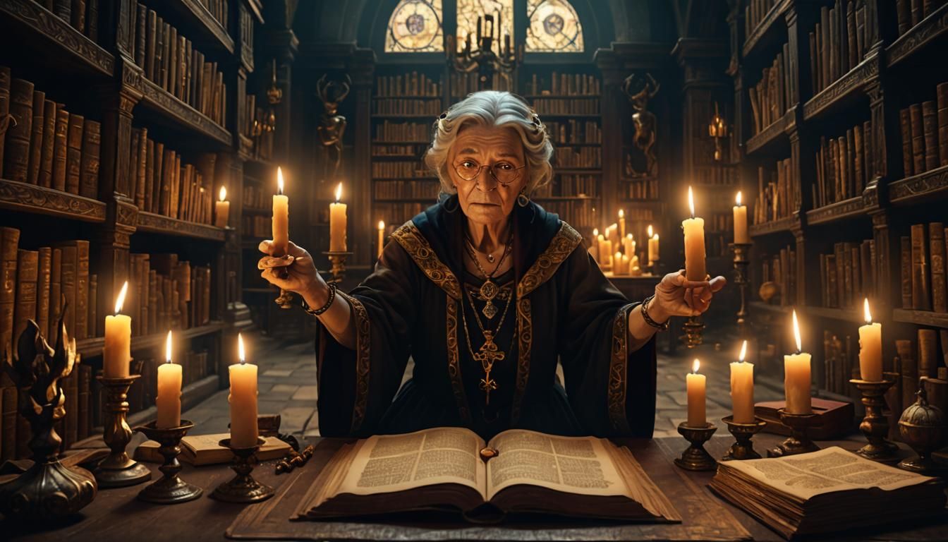 Eerie Library: Fantasy Concept Art with Ominous Woman