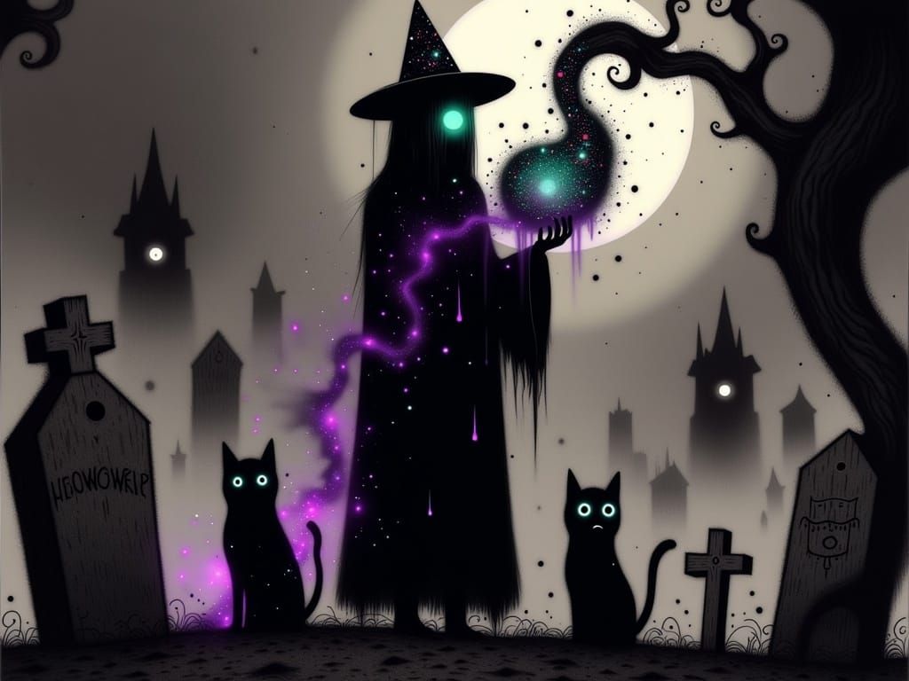 Halloween Witch Casting Spell in Cemetery with Black Cats