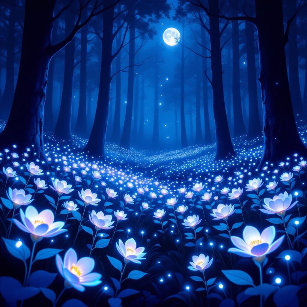 Magical Bioluminescent Forest Blooms Under Moonlight