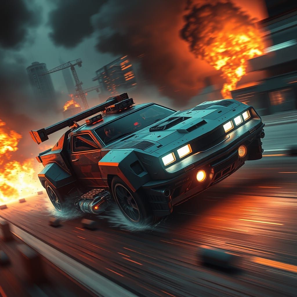 Cyberpunk Armoured Car Speeds into Dystopian Firestorm
