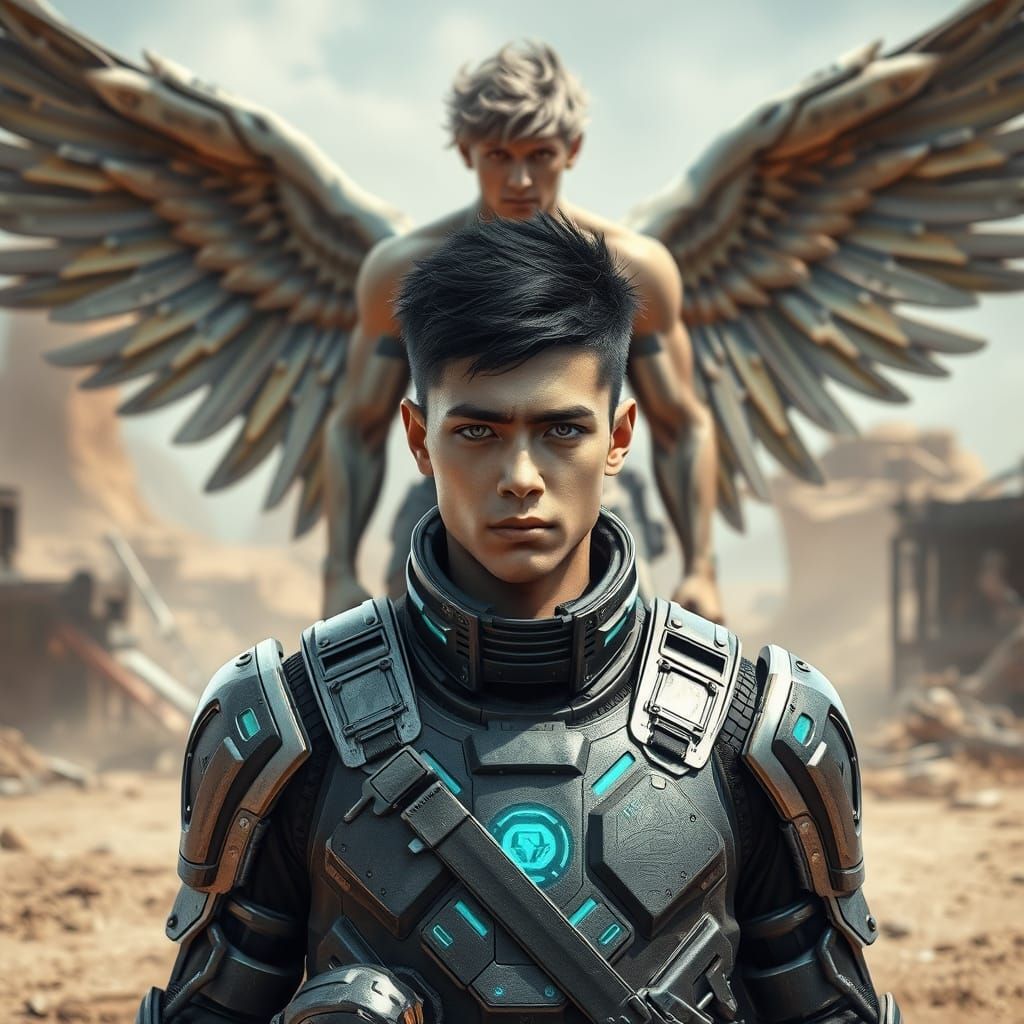 Cybernetic Angel Guards a Brave Soldier in a Gritty Post-Apo...
