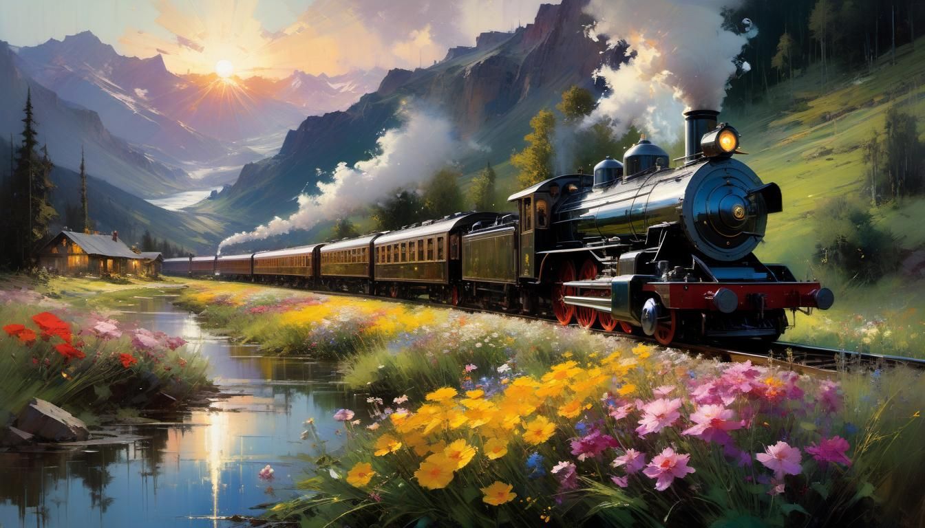 Vibrant Steam Engine Crossing a Serene Mountain Meadow as Go...