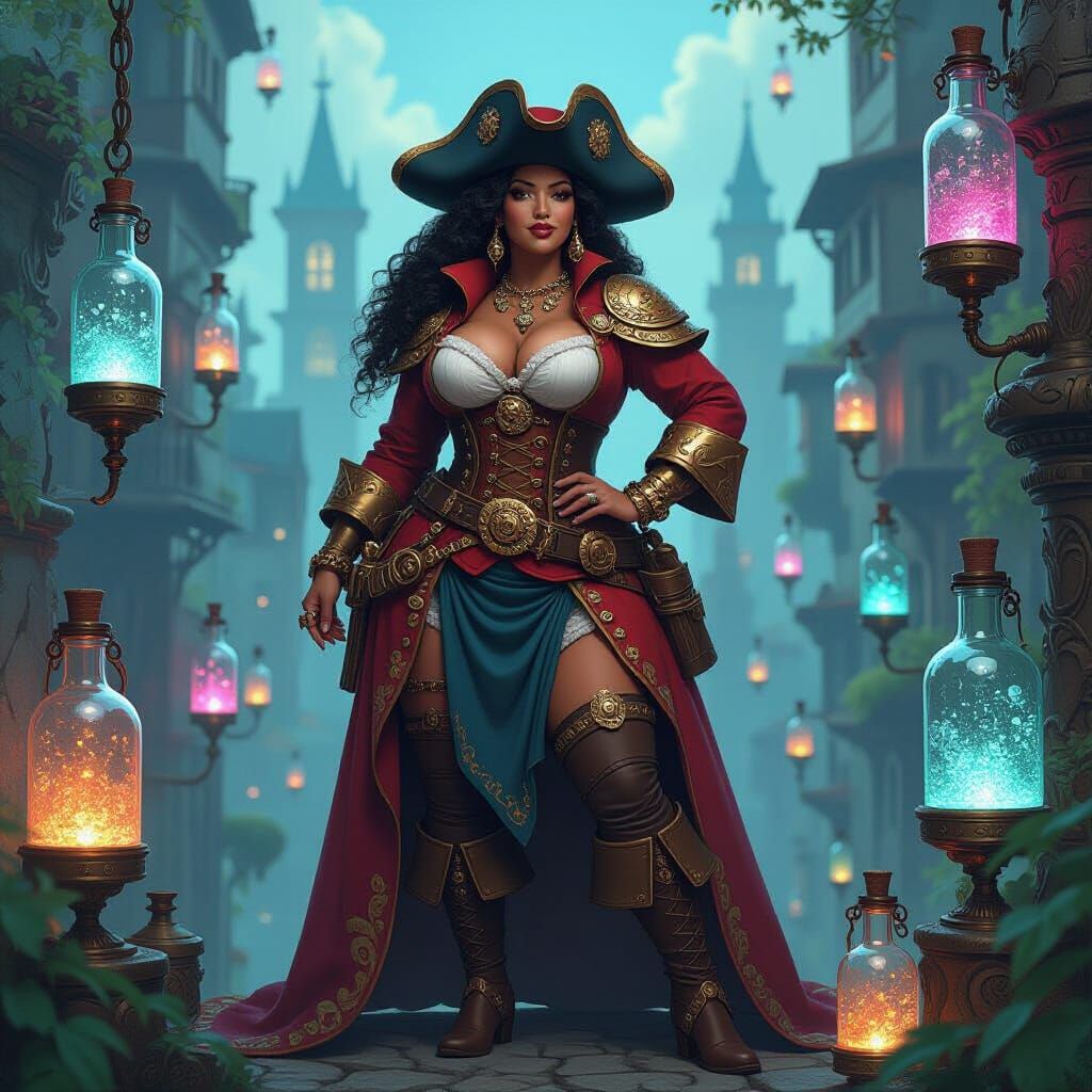 Steampunk Pirate Captain in Dream Bottle Cityscape