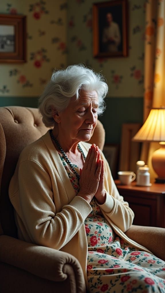 Devout Grandmother Praying in Cozy Living Room