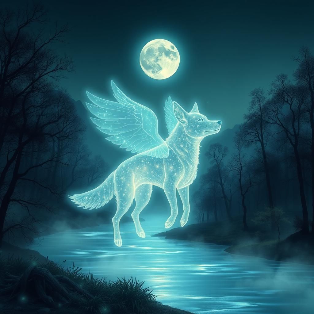 Luminous Winged Canine in Bioluminescent Forest