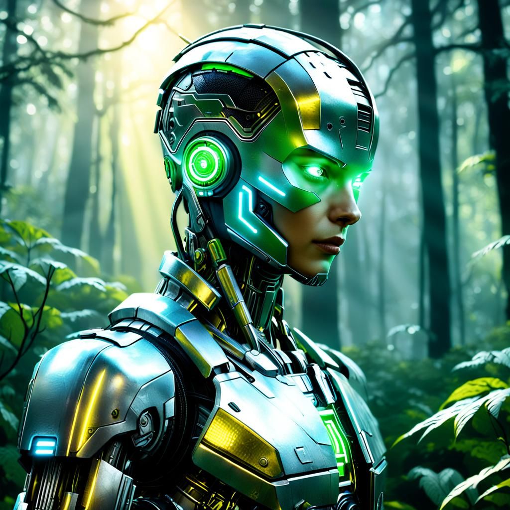 Cyberpunk Android in Overgrown Forest, Digital Art