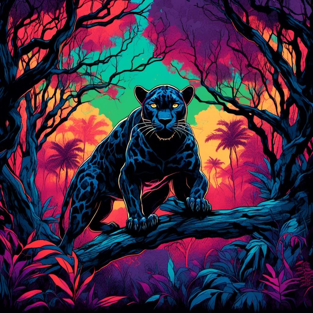 Black Panther Hiding in Jungle: Blacklight Art