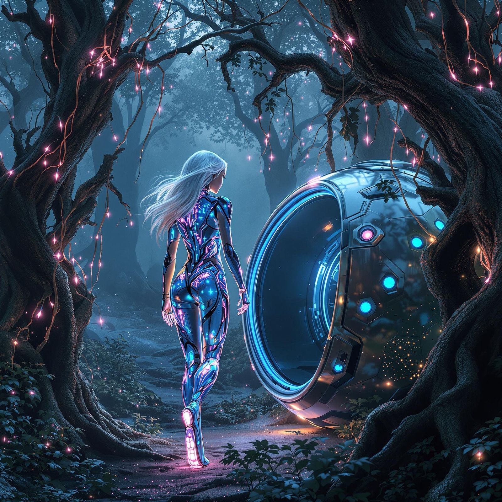 Luminescent Robot in Forest, Futuristic Digital Art