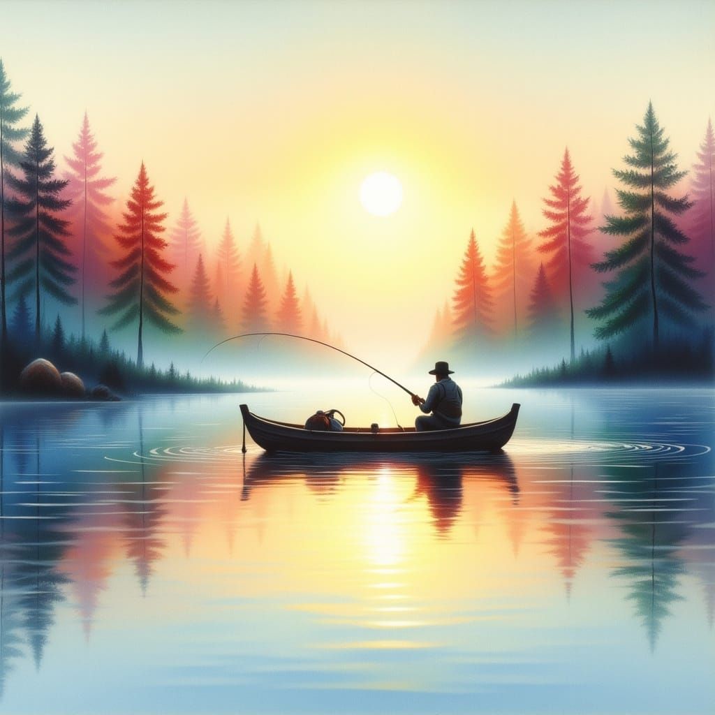 Fisherman at Sunrise: Pastel Watercolor Reflection