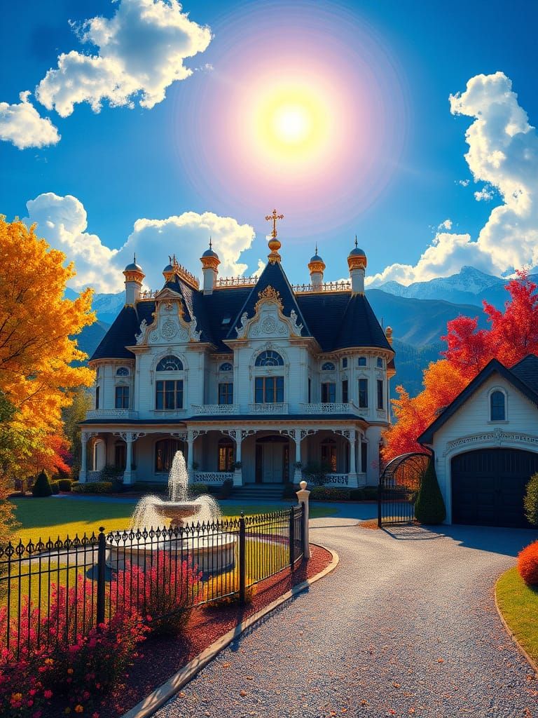Victorian Mansion Serenity Amidst Vibrant, Surreal Landscape