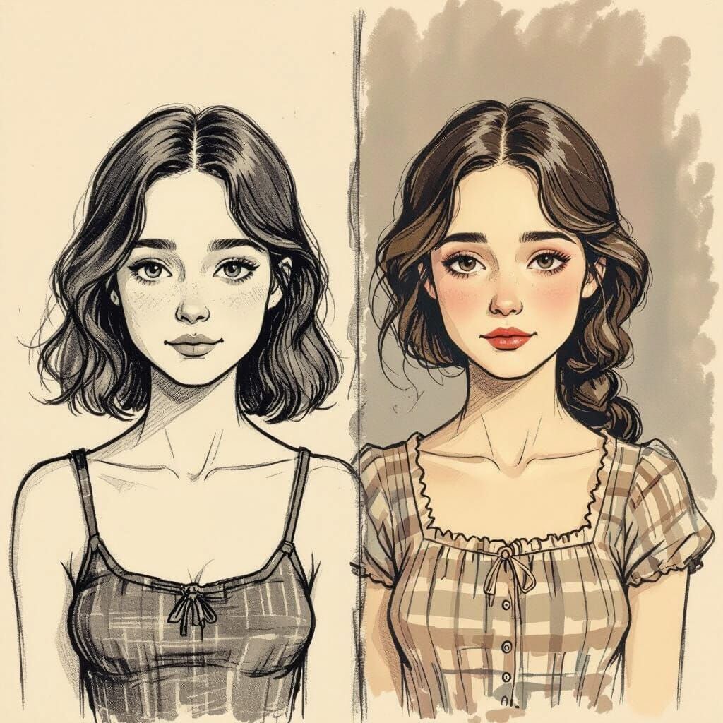 Dual Portrait of Contrasting Beauties in Expressive Sketch S...