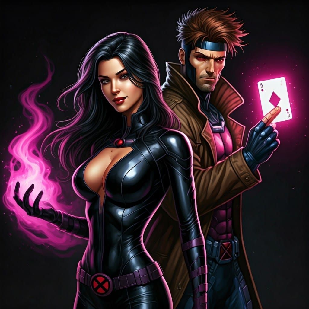 X-Men Team: Woman and Gambit in Comic Style
