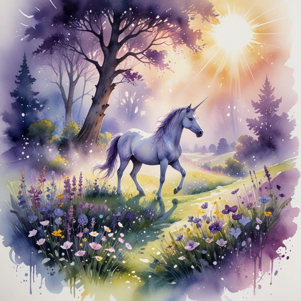 Enchanted Meadow with Unicorns: Watercolour Painting