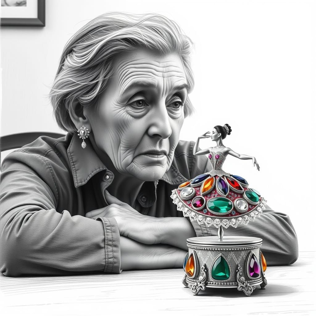 Elegant Elder Woman Contemplates a Precious Ballerina in a R...